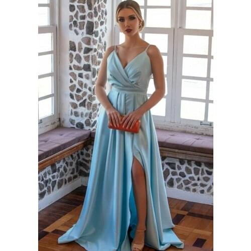 Sexy Long Satin Blue V-Neck Prom Dresses with Pockets A-Line Criss Cross Back Side Slit Abendkleider Robes de Soirée for Women
