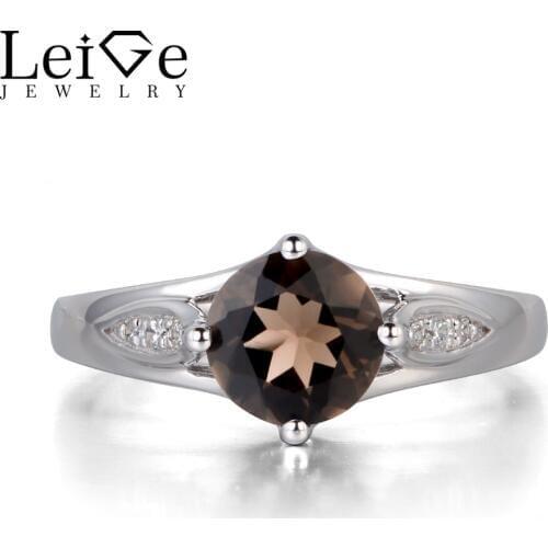 Leige Jewelry Round Cut Smoky Quartz Ring Sterling Silver 925 Gemstone Fine Jewelry Wedding Engagement Rings for Women