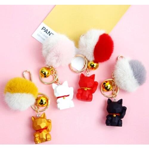 2021 Cute Ceramic Maneki Neko Lucky Cat Fortune Fluffy Fur Pompom Ball Keychain Key Chain Car For Women Bag Pendent Charms D532