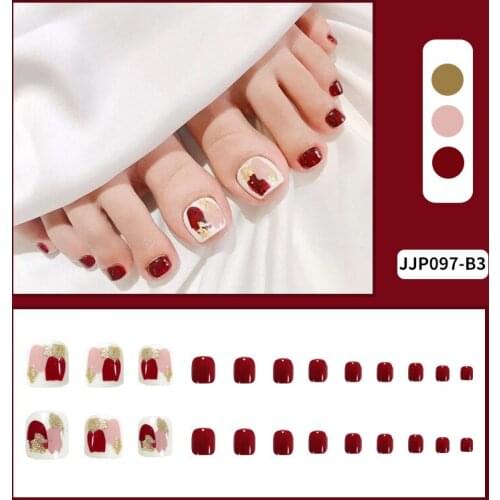 24pcs Fake Toenails Burgundy Blooming Wear Long Paragraph Fashion Manicure Patch False Toenails Wearable Toenails Patch EF