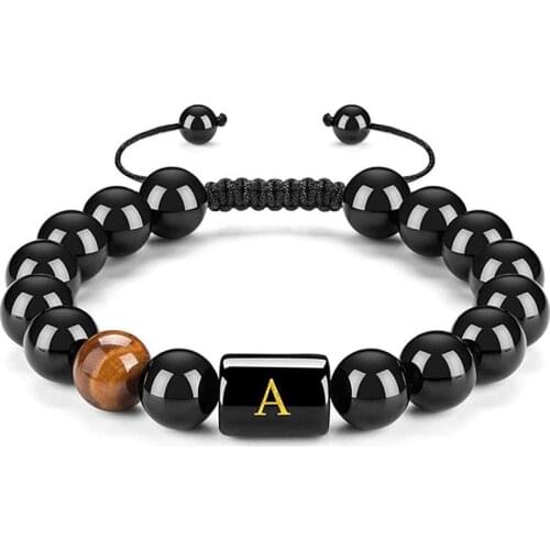 26 Letter Bracelets Adjustable 10mm Natural Black Onyx Tiger Eye Stone Beads Braided Rope Bracelet Meaningful Men Women Gift