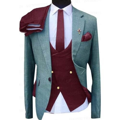 Newest Blue Wedding Men Suit 3 Pieces Tailored Best Man Groom Dress Tuxedo Slim Fit Blazer Suit Jacket Burgundy Vest Pants Set