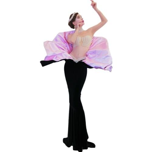 Shining Rhinestone black Long Dress Women Elegant Evening Costume Prom Celebrate Big Tail Dresses Women Party Outfit