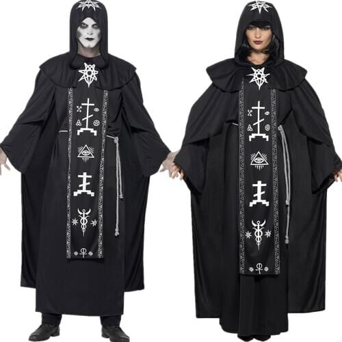 Halloween Cosplay Costume Adult Men Women Medieval Magician Robe Black Hooded Horror Death Devil Witch Costume