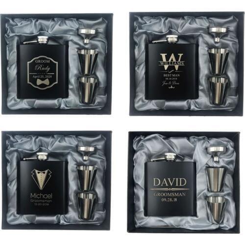 1 Set Personalized Engraved 6oz Black Stainless Steel Hip Flask With Box Wedding Favors Best Man gift Groom gift Groomsman Gift