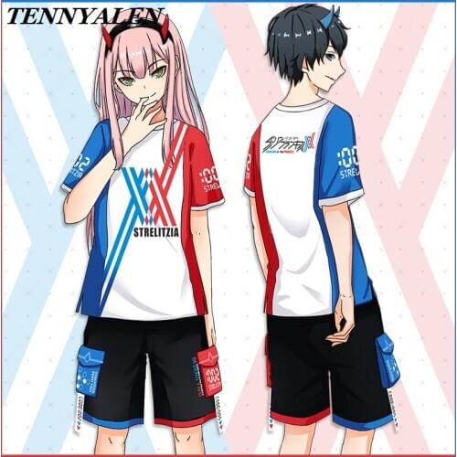 Anime cosplay DARLING in the FRANXX Zero Two Cosplay Costume Printed T-shirt Shorts Suit Mens and Womens Tops Adult clothes