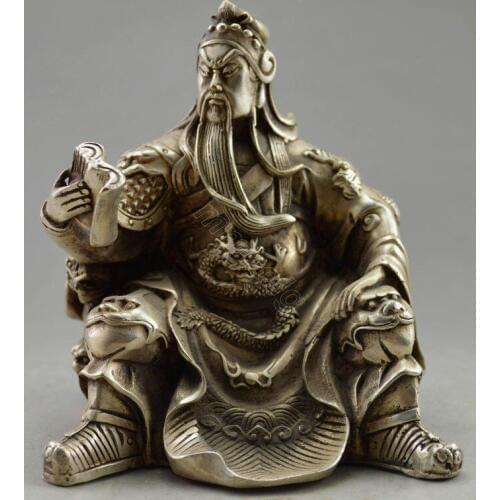 Metal Crafts Collectible Decorated Old Handwork Tibet Silver Carved Guan Gong Read Statue Free Shipping