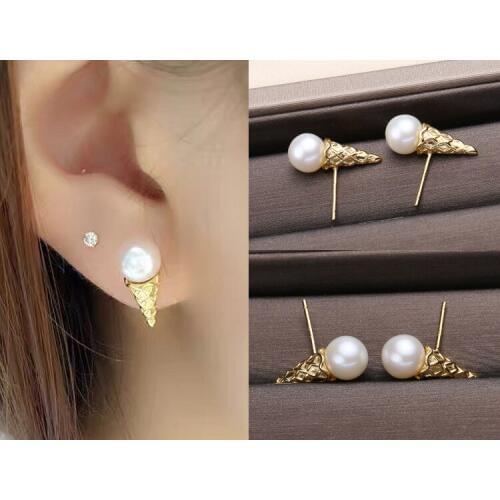S925 Sterling Silver Ice Cream Design Pearl Earrings Jewelry 7.5-8mm Round Natural Pearl Earrings Lovely Pearl Stud Earrings