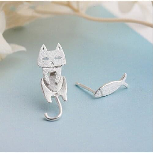 Fashion Asymmetry Sterling Silver Stud Earrings Cute Animal Fish Cat Stud Earrings for Women Girls Personality Jewelry Gifts