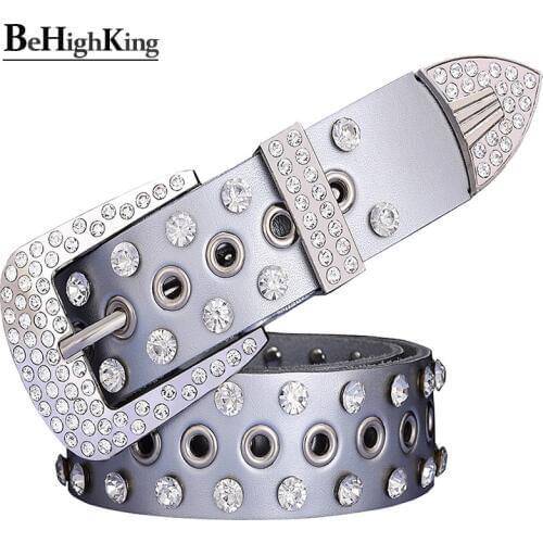 Fashion Rhinestone Genuine Leather Female Belt Unisex Cow Skin Waist Strap Quality Pin Buckle Girdle Width 3.3 Cm