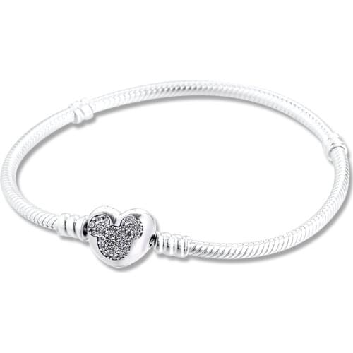 Moments Mouse Heart Clasp Snake Chain Bracelet Original 925 Sterling Silver Bangles & Bracelets for Women Fine Jewelry 2021 New