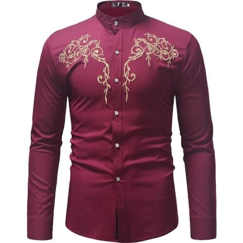 Large Size Long Sleeve Leisure Embroidered Standing Collar Shirt, Shirts for Men , Men Shirts , Men Clothing