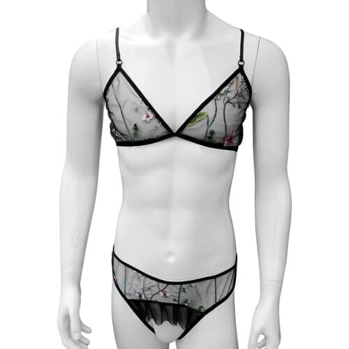 See Thru Sheer Mesh Sissy Gay Men Underwear Lingerie Set Bra Top with G-string Thong Floral Embroidery Sleepwear Sissy Panties