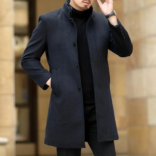 Winter Mens Casual Wool Trench Coat Fashion Business Medium Solid Thicken Slim Windbreaker Overcoat Jacket Male