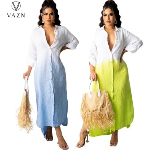 VAZN 2021 Spring Women Fashion New Street Casual Style Long Dress Long Sleeve Lapel Loose Ankle-Length Long Dress