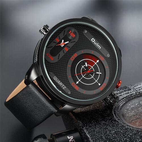 Oulm New Fashion Two Time Zone Wristwatch Big Size Genuine Leather Mens Watches LED Radar Style Male Quartz Watch
