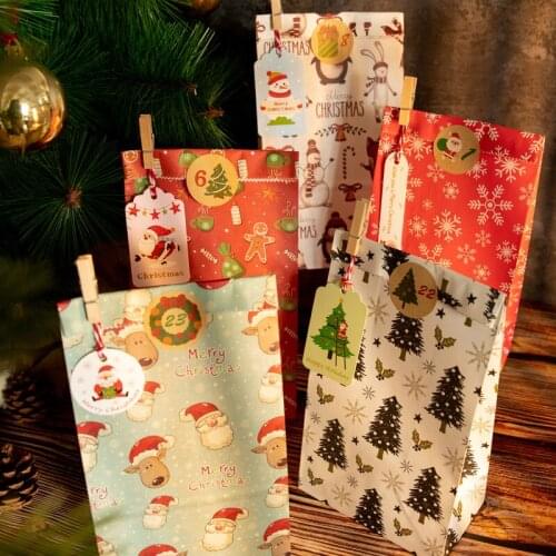 24Sets Snowflake Xmas Tree Gift Bags Merry Christmas DIY Paper Envelopes with Advent Calendar Number Sticker Stationery Supplies