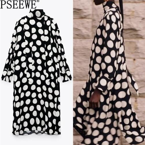 PSEEWE Za 2021 Polka Dot Dress Woman Black Midi Tunic Dress Women High Neck Long Sleeve Elegant Dresses Vintage Long Dresses