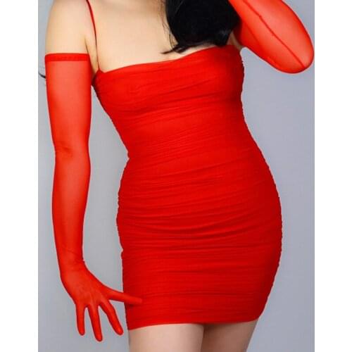 Sexy Black Silk Long Elastic Lace Translucent UV Full Finger Wedding Dress Glove Women Summer Mesh Driving Sunscreen Glove H98