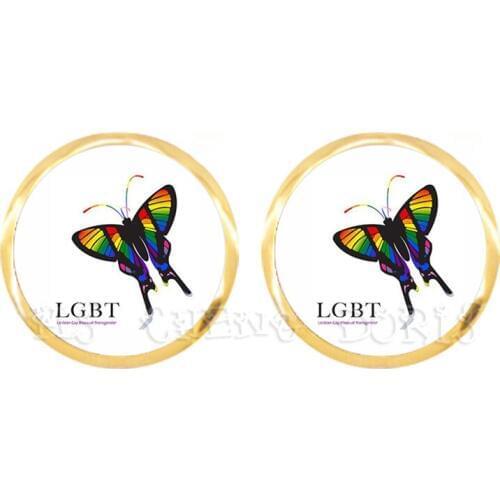 Butterfly Rainbow Earrings For LGBT Glass Dome Gay And Lesbian Pride Jewelry Parade Demonstration Stud Earrings For Women Men