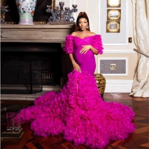 Special Day Maternity Dresses Ruffles Extra Puffy Tulle Sleeves Mermaid Long Fuchsia Tiered Prom Gowns Maternity Photography