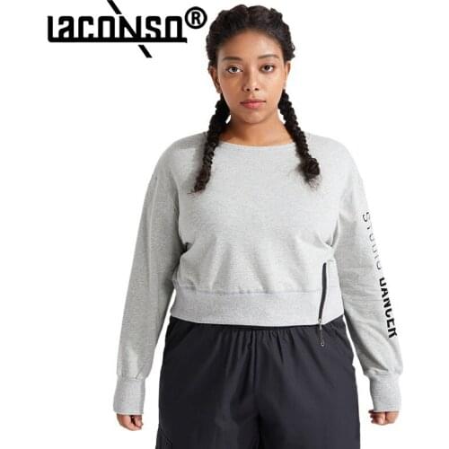 LACONSO Fitness Plus Size Sports Sweatshirt Letter Printing Loose Yoga Running Short Top With Zipper Casual Long Sleeves