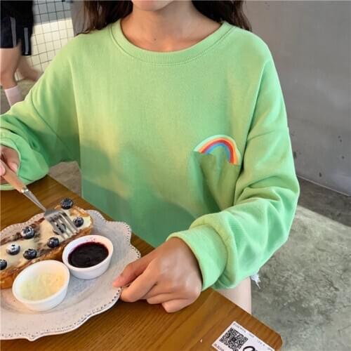 Korean Female Kawaii Cute Loose Rainbow Print Sweatshirt Womens Sweatshirts Japanese Harajuku Ulzzang Clothing for Women