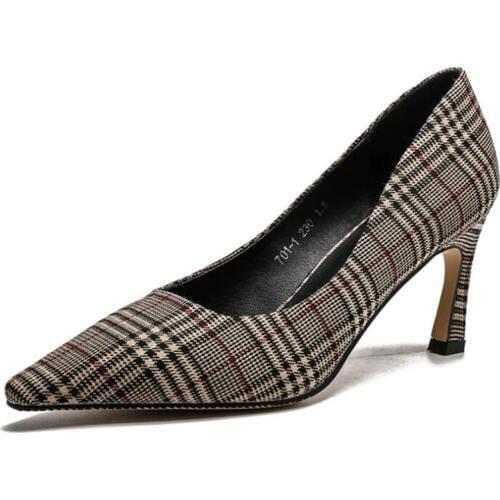 Women Shoes Pointed Toe Pumps Checkered cloth Basic Flock Slip-On Shallow Wedding Party Casual 7CM Thin High Heels Shoes