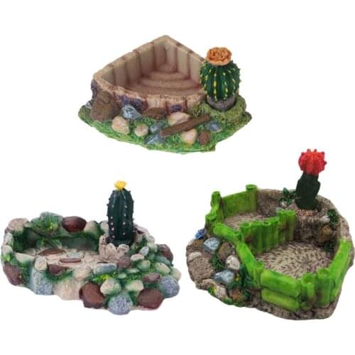 Reptile Bowl Corner Water Dish Round Food Bowl Resin Feeder for Small Medium Size Pet Tortoise Lizard Cactus Stone Decor