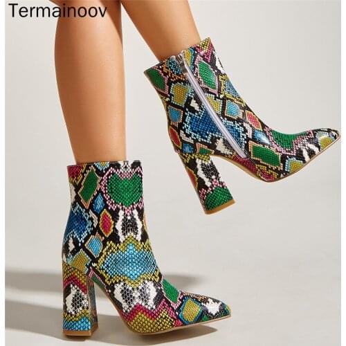 Termainoov New Women Boots High Heels Round Toe Zipper Chunky Patent Leather Short Boots Winter Boot Martin Boots