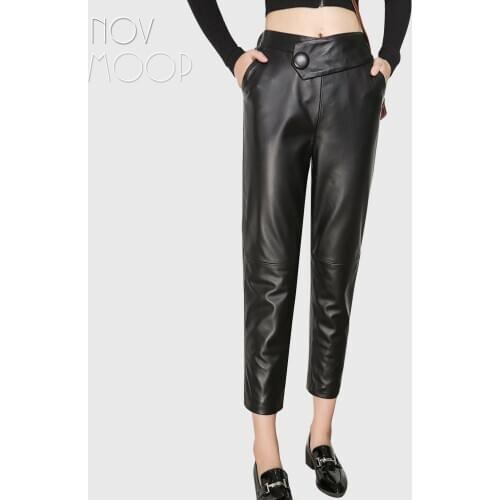 Novmoop high steet casual style women autumn black sheepskin genuine leather pants with single button pantalones de mujer LT3126