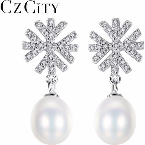 CZCITY Brand Genuine Snowflake Natural Freshwater Pearl Drop Earrings Real 925 Sterling Silver Jewelry for Women Wholesal