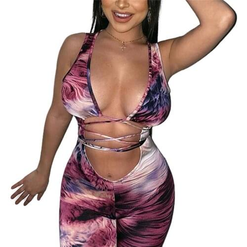 Ins Hot Tie Dye Sexy Jumpsuit Spaghetti Strap Summer Skinny Sleeveless Summer Women Rompers Bodycon Fitness Sexy Jumpsuit