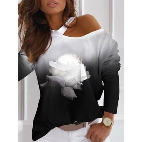 Spring Summer Women Casual Long Sleeve Tshrit Round Neck Cold Shoulder Floral Print Gradient Color Top Daily Wear