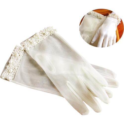 1 Pair Pearls Lace Bride Gloves Elegant Transparent Mittens Hand Mitts Costume Accessory for Evening Banquet Dancing