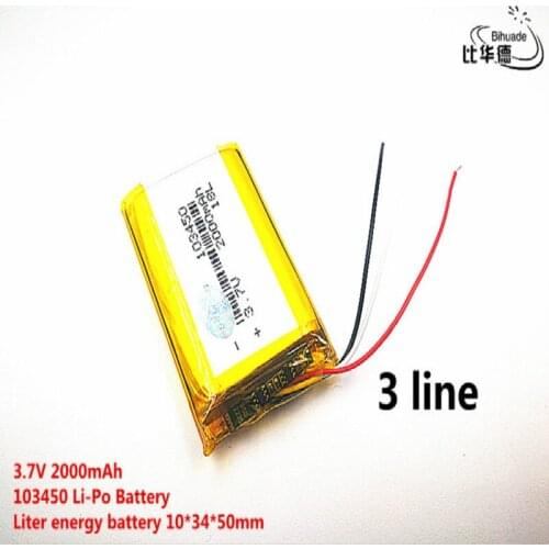 2pcs/lot 3 line Good Qulity 3.7V,2000mAH,103450 Polymer lithium ion / Li-ion battery for TOY,POWER BANK,GPS,mp3,mp4