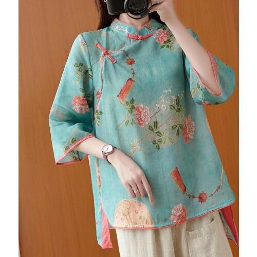 2021 Woman Traditional Chinese Clothing Top Retro Flower Print Hanfu Top Women Tops Elegant Oriental Tang Suit Chinese Blouse
