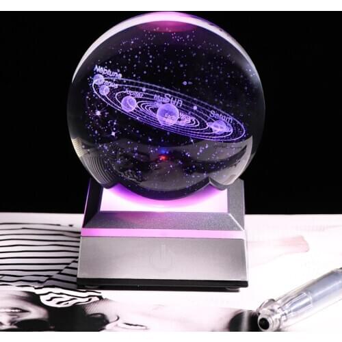 8 CM Solar System Globe Planet Galaxy Ball K9 Crystal Balls 3D Laser Engraved Moon Globe with Night-Light LED Stand Base Cosmic