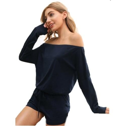 Aamikast 2021 sexy womens elegant long-sleeved sports T-shirt printed shorts suit navy blue two-piece new product