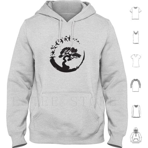 Bonsai Tree In Enso Circle Birds Hoodies Buddhist Temple Japanese Art Japanese Zen Yoga Spiritual Enso Bonsai Tree