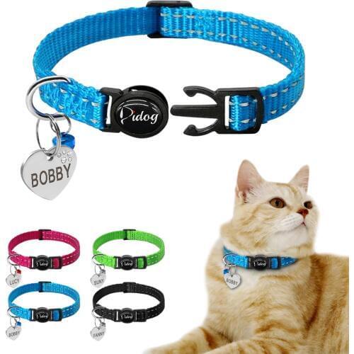 Quick Release Kitten Cat Collar Reflective Personalized Puppy Dog ID Collars Engraved With Bell Free Tag Nameplate For Small Pet