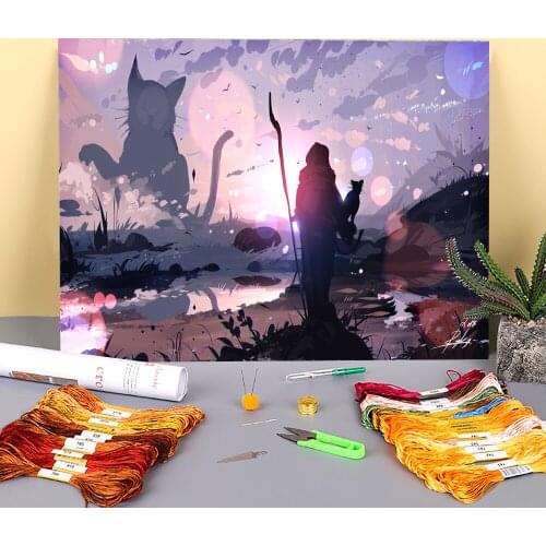 Scenery Meow Pre-Printed 11CT Cross-Stitch DIY Embroidery Kit DMC Threads Handiwork Handicraft Painting Sewing Room Different