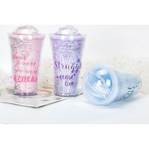 Double plastic cup with straw dreamy glitter water cup lovers student summer juice made cold cup, just for you