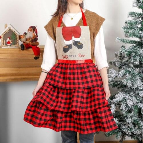 Christmas Plaid Printed Apron Creative Santa Holiday Kitchen Clothing Supplies Home Kitchen Accessories Baking Cleaning Apron