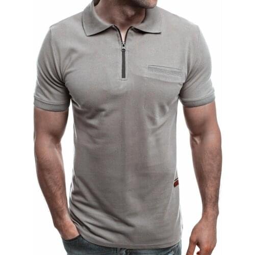 Summer Solid Color Men Patch Pocket Zipper Turn Down Collar Short Sleeve T-Shirt or Men Clothing Short Sleeve Shirt Men Polos
