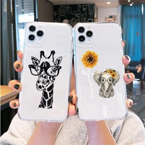 GYKZ Cartoon Giraffe Elephant Sunflower Clear Phone Case For iPhone 11 Pro XR X XS MAX SE 2020 7 8 6Plus Soft Silicone Cover Bag