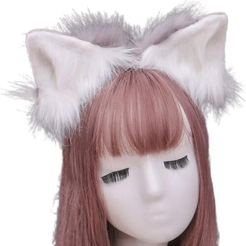 Contrast Color Faux Fur Wolf Ears Headband Simulation Fluffy Plush Animal Hair Hoop Anime Cosplay Costume Headpiece