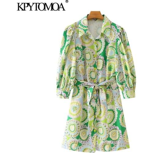 KPYTOMOA Women 2021 Chic Fashion With Belt Printed Linen Mini Dress Vintage Puff Sleeve Button-up Female Dresses Vestidos Mujer