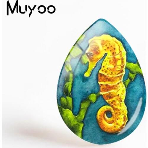 2018 New Seahorse Jewelry Starfish Painting Tear Drop Glass Dome Cabochon Art Photo Cabochons Gifts Women