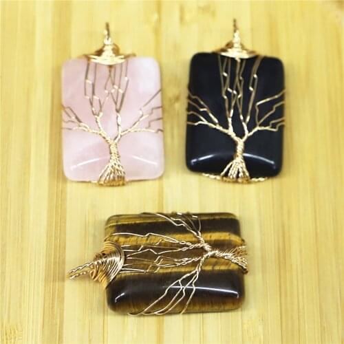 2021 New Tree of Life Wire Wrapped Rectangular Necklace & Pendant Suspension Natural Gem Stone Tiger Eye Pink Quartz Black Onyx